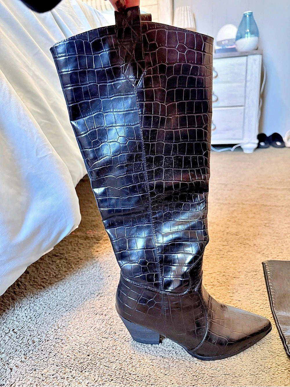 Black Crocodile-Embossed Heeled Boots Like New